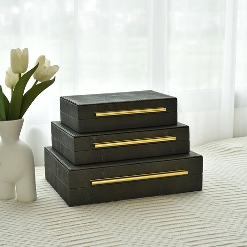 DECOR4SEASON Faux Shagreen Storage Boxes - Set of 3 Stackable Jewelry Organizers with Gold Handles & Velvet Lining, Modern Grey Design for Vanity & Entryway Decor