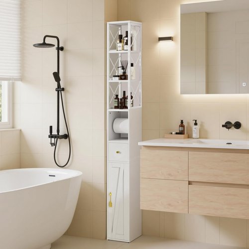 VECELO Storage Cabinet, 67" Tall Narrow Bathroom Cabinet with X-Frame Metal Design, Toilet Paper Holder, Magnetic Door & Drawer, for Small Spaces, Pearl White