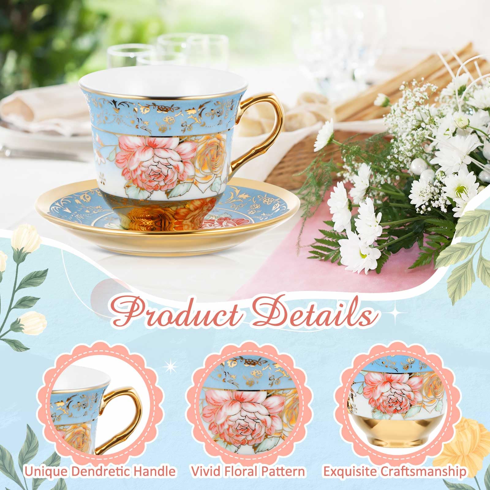 Teenyyou Set of 18 Tea Cups and Saucers Tea Party Decorations Floral Porcelain 5.4 oz British Gift for Women Birthday Party, Church, and Mother's Day (Classic Style)