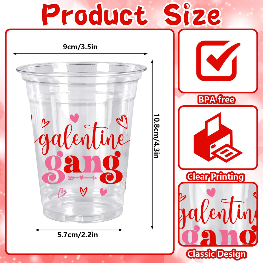 Whaline 50 Pcs 12 Oz Galentines Day Disposable Cup Plastic Party Cup Galentines Gang Heart Clear Glasses for Girls Ladies Valentine's Day Party Coffee Juice Drink Supplies Decorations