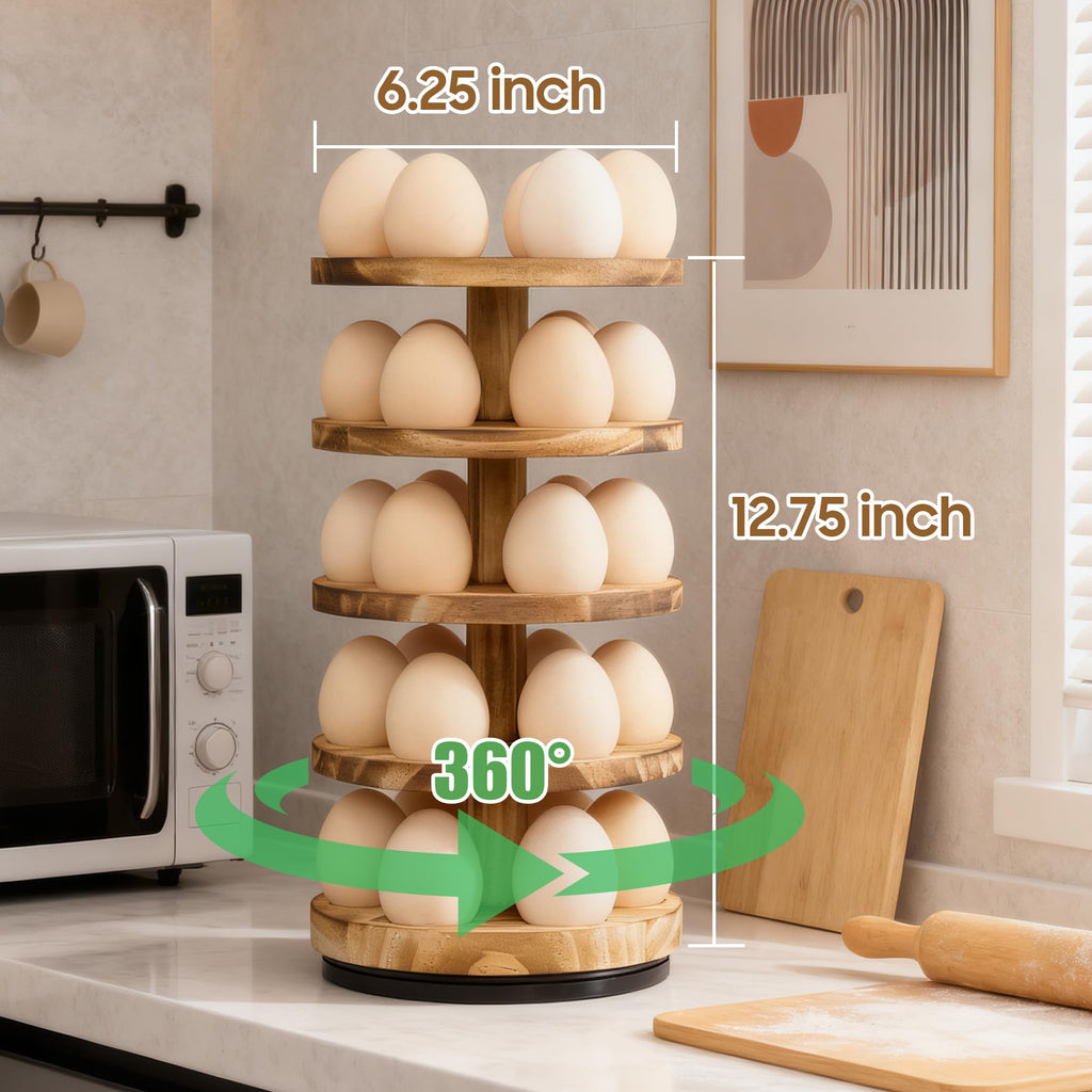 HOMELYSTBO Wooden Fresh Egg Holder Countertop, 5 Layer Rotating Countertop Egg Holder for Fresh Eggs, Stackable with 30 Eggs for Countertop Kitchen, Pine