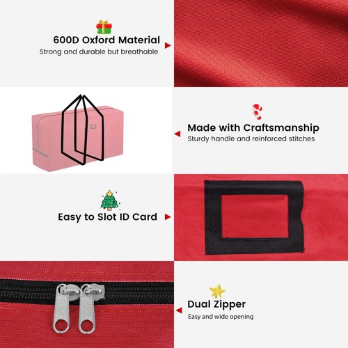 9Ft Christmas Tree Storage Bag - Heavy Duty 600D Oxford, Extra Large Capacity with Reinforced Handles & Dual Zipper for Artificial Christmas Trees, Holiday Decorations & Ornaments (Red, 65x20x30in)