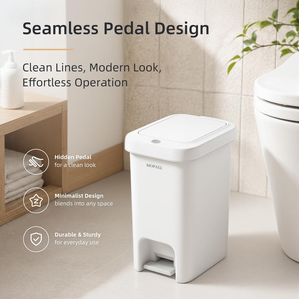 MOPALL 1.9 Gallon Slim Bathroom Trash Can with Lid - Dual-Way Opening (Step Pedal & Press Top) Small Trash Can for Narrow Spaces, Rust-Proof Wastebasket Small Garbage Can for Bathroom, Bedroom, Office