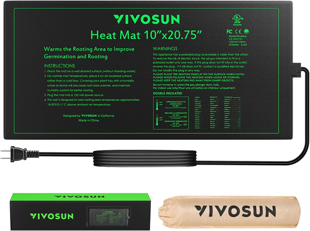 VIVOSUN Waterproof Seedling Heat Mat - UL & MET-Certified Hydroponic Heating Pad | 10" x 20.75" for Germination