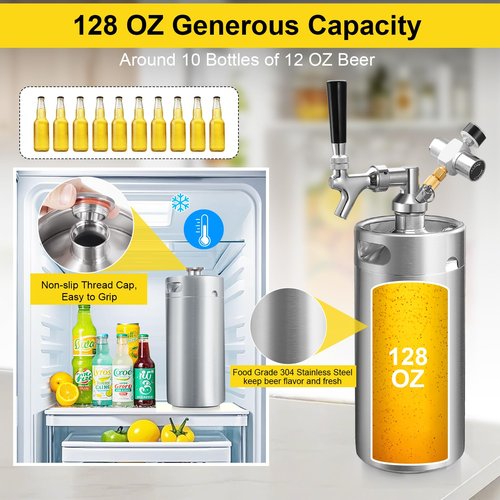 Hgkeke128OZ Mini Keg Growler,Stainless Steel Beer Keg Tap System Portable Draft Beer Dispenser to Keep Fresh and 55PSI CO2 Pressure Growler Carbonation, Beer Tap System for Homebrew, Camping(Silvery)