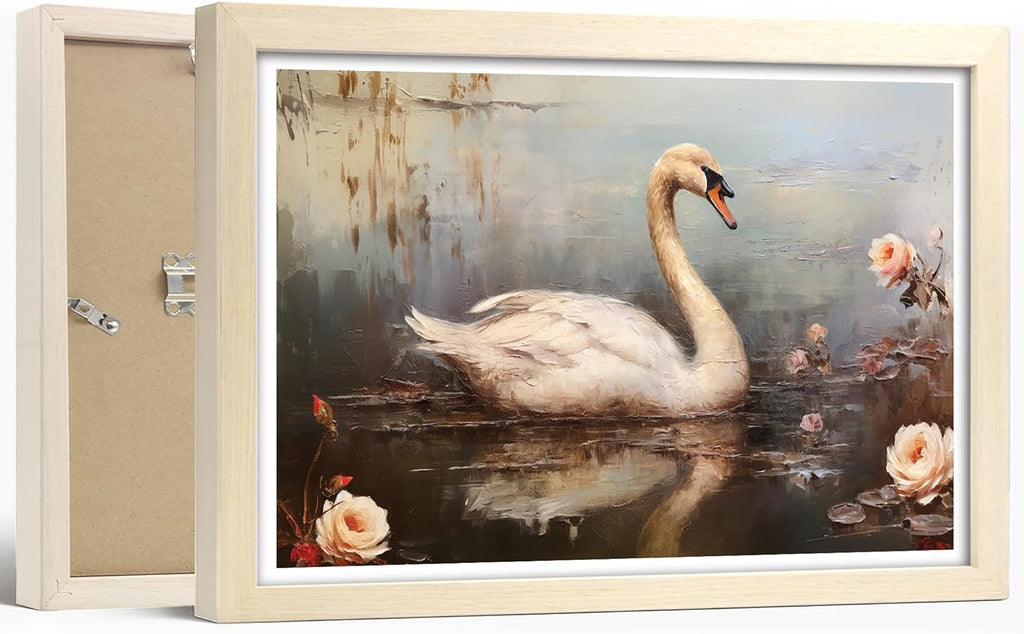 TABINDEX Vintage Framed Wall Art - Rustic Swan Canvas Print for Bedroom & Living Room | 8x12 Inches