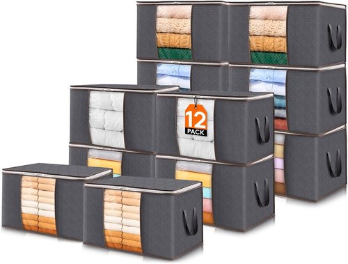 Lifewit 12-Pack 60L Clothes Storage Bins - Foldable Blanket Bags with Zippers & Clear Windows