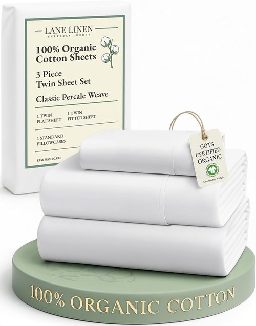 LANE LINEN 100% Organic Cotton Twin Sheets Set - Soft, Breathable Percale Bedding | 3-Piece White Set