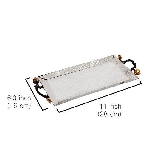 Yair Emanuel Decorative Serving Tray - Hammered Stainless Steel with Gold Accent Decoration (Medium - 6.3" X 11")