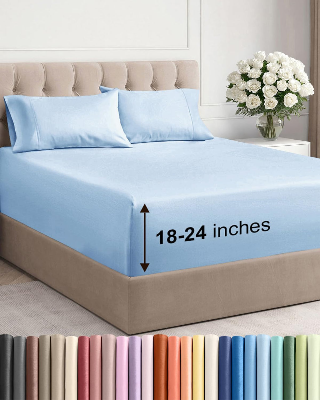 Skiennix Extra Deep Twin Sheet Set - 4 Piece Breathable Cooling Bedding - Soft, Wrinkle-Free Light Blue