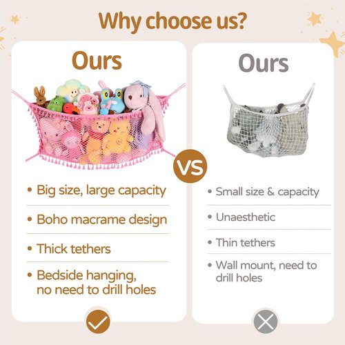 Erogeen Stuffed Animal Storage Net, Large Bedside Toy Organizer Net, Cotton Plushie Toy Storage Hammock with Tether for Stuffed Animals Room Organization (Pink, 2 Pack)