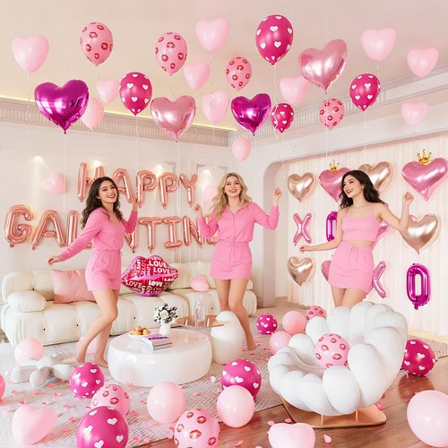 Happy Galentines Day Decorations Kit, Rose Gold Happy Galentines Banner with Heart, XOXO, Lips Foil Balloons, Rose Petals for Galentine’s, Valentines Decorations Party
