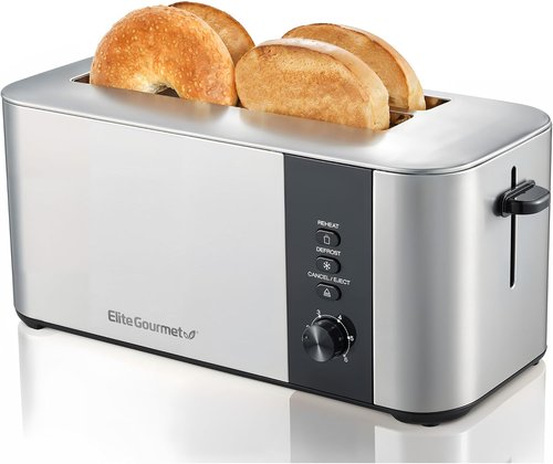 Elite Gourmet Long Slot 4-Slice Toaster - 1.5” Wide Slots, 6 Toast Settings, Stainless Steel Finish