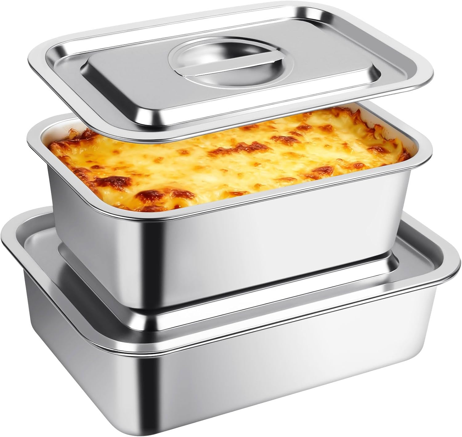Regine Switzerland 4-Inch Deep Lasagna Pan Set - 2 Pack Stainless Steel Baking Pans with Lids | 7.4QT & 5.1QT Roasting Dishes