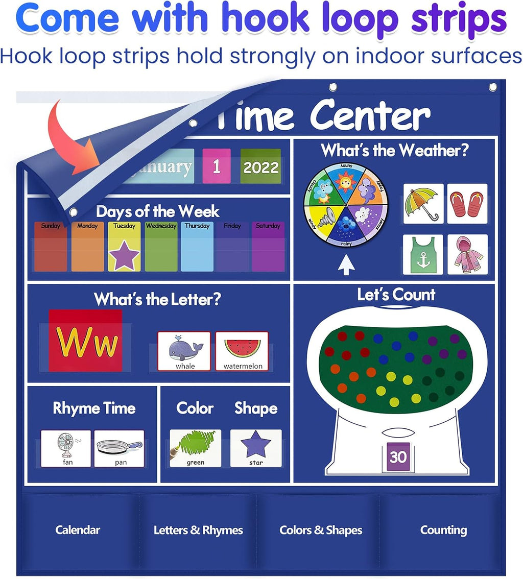 Auchq Circle Time Learning Center - Heavy-Duty Kids Calendar Pocket Chart | Educational Weather & Rhyme Chart (Blue)