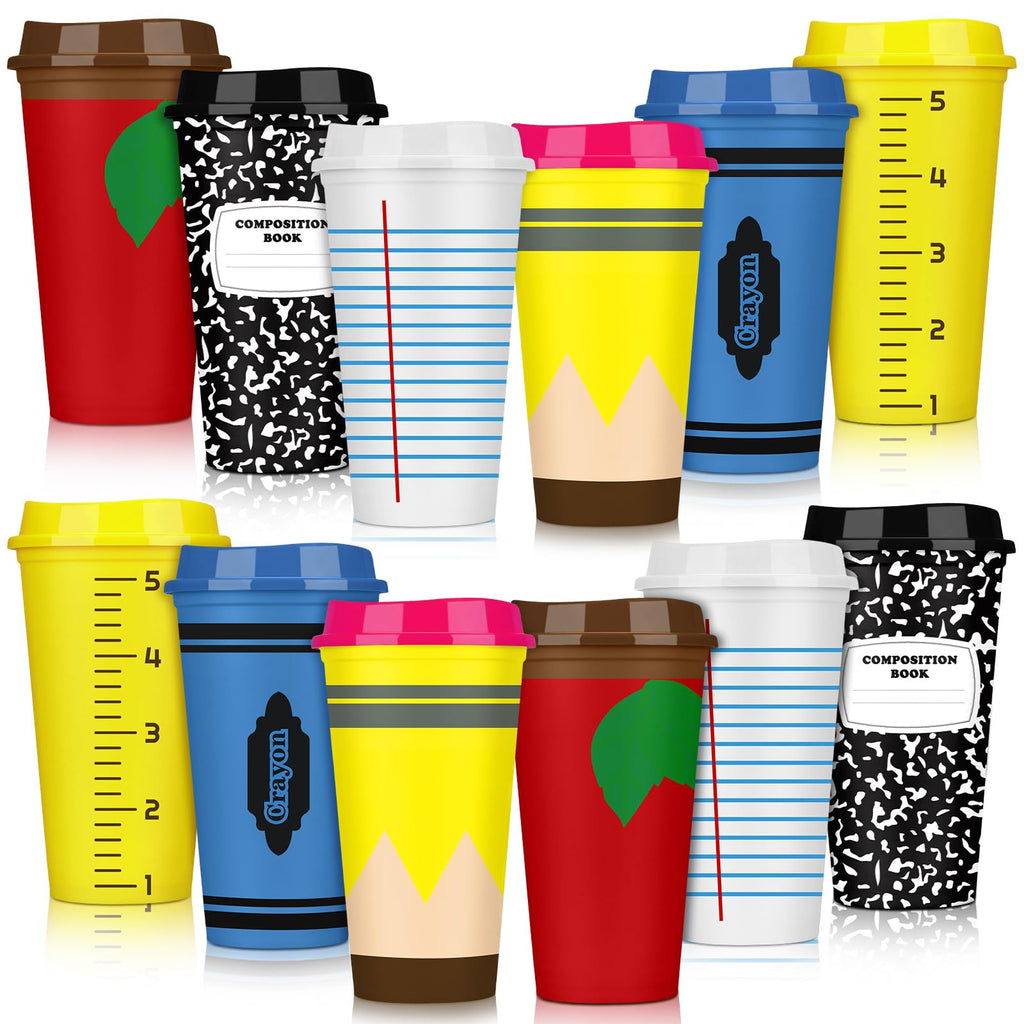 Skylety 12 Pcs Teacher Appreciation Gifts Teacher Gifts Bulk End of The Year Teachers Deals Reusable Plastic Coffee Cup with Lid for Back to School Party Decorations (Elegant)