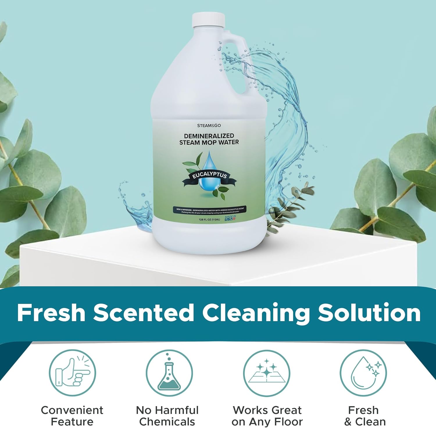 Steam & Go Demineralized Water - Ready-to-Use Multi-Surface Cleaner | Eucalyptus Mint, 128oz