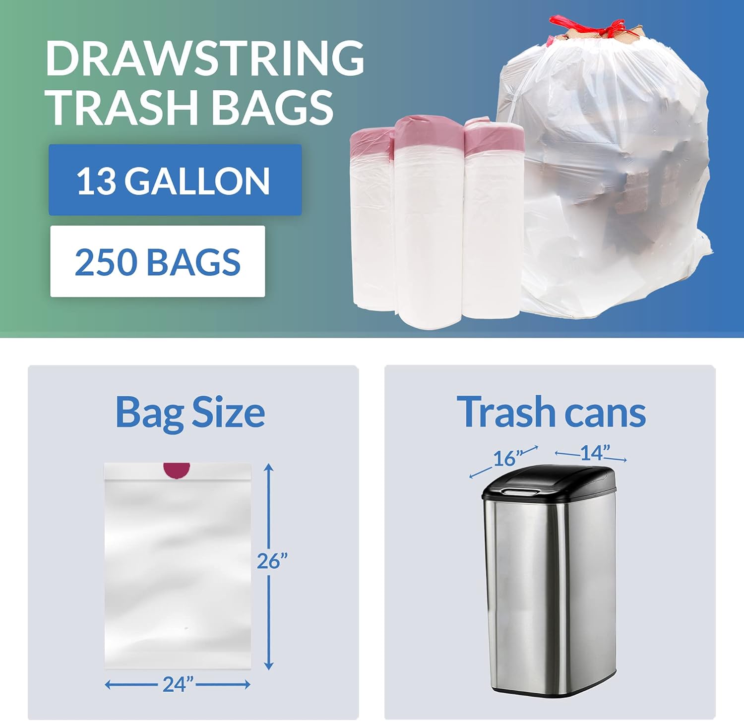 Reli. Drawstring Trash Bags - 13-16 Gallon Capacity, 250 Count Bulk, White for Kitchen Use