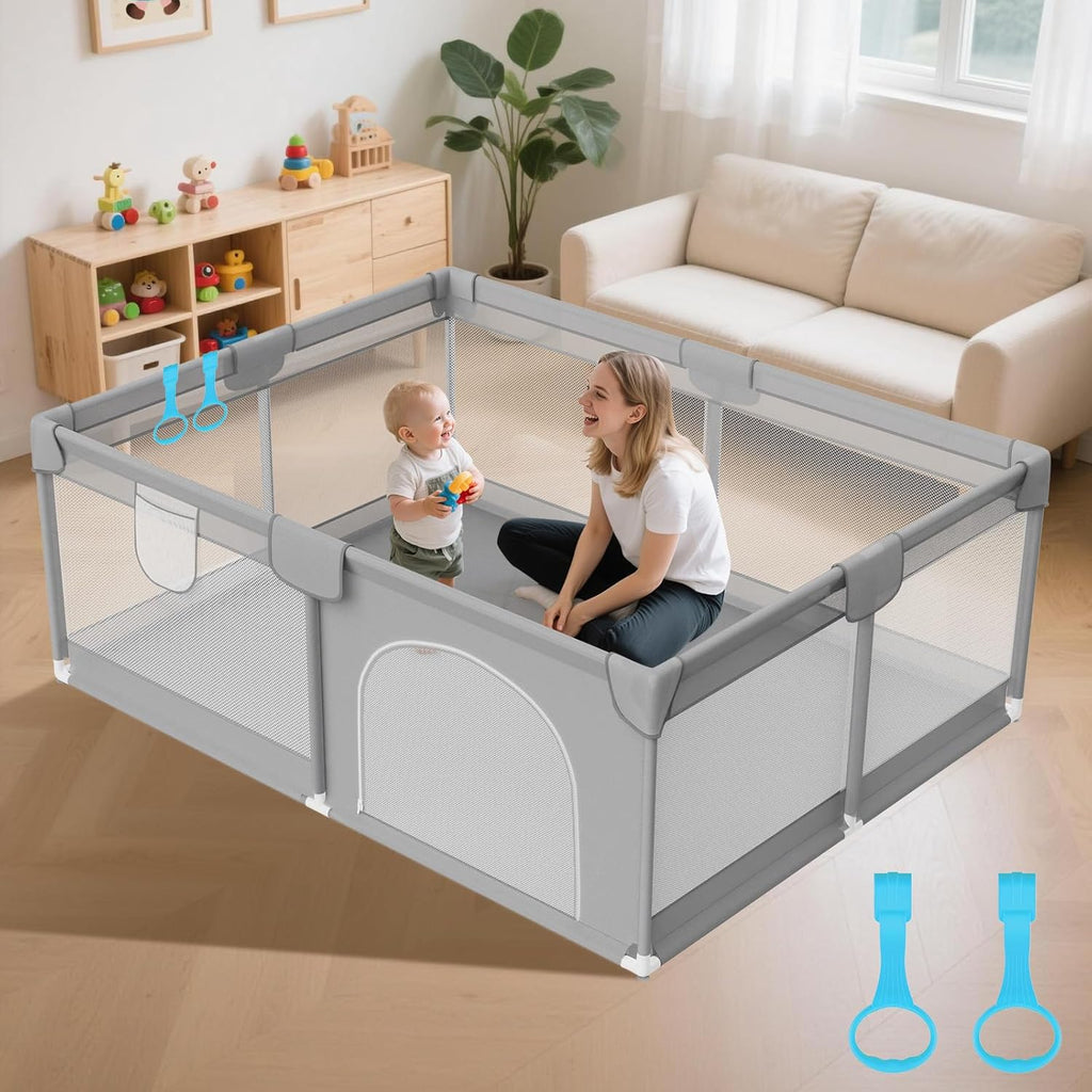 Skiennix Large Baby Playpen - Breathable Mesh Safety Activity Center for Indoor & Outdoor Use, Grey 74"x50"