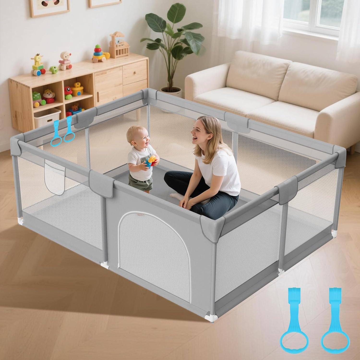 Skiennix Large Baby Playpen - Breathable Mesh Safety Activity Center for Indoor & Outdoor Use, Grey 74"x50"