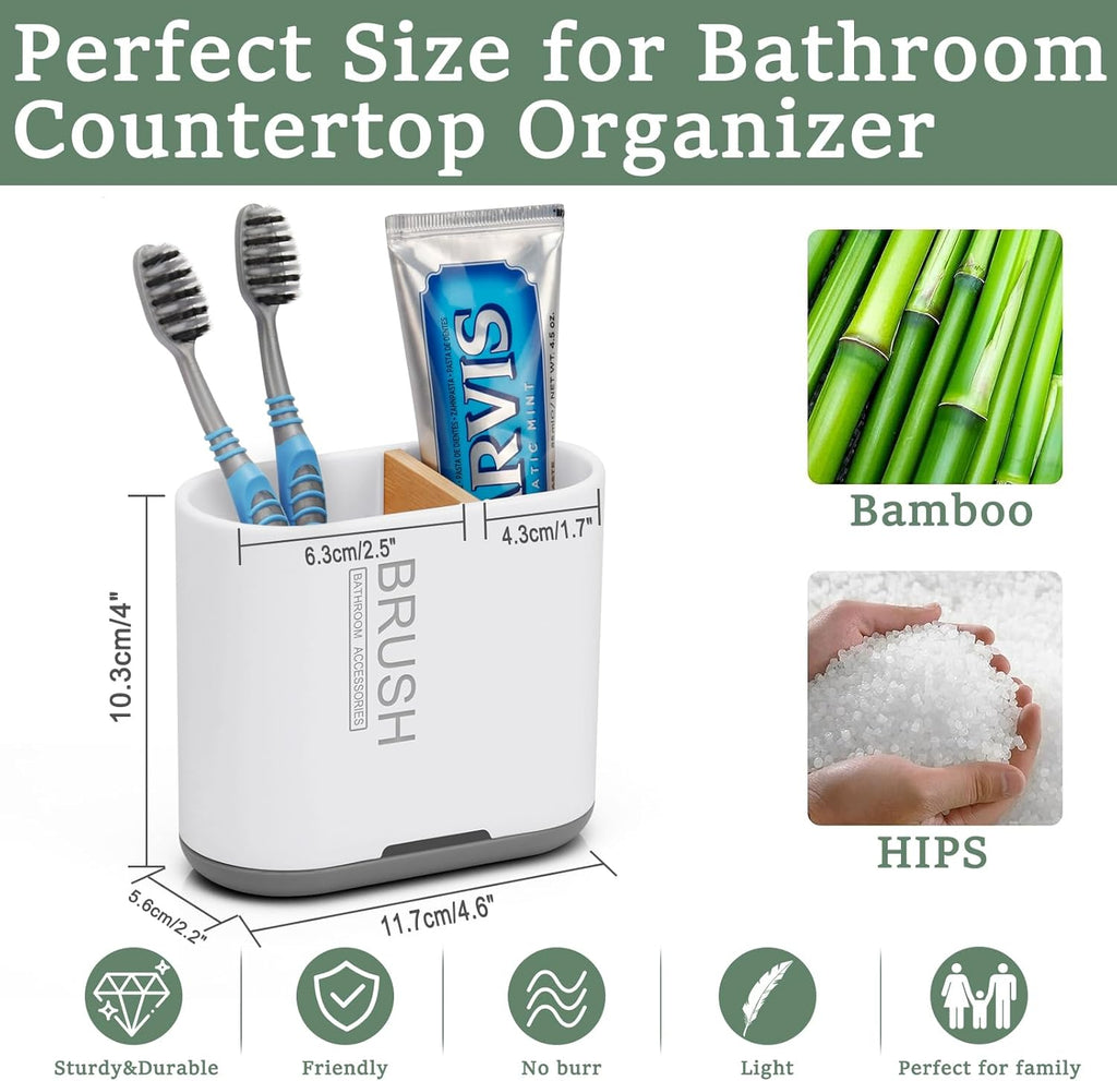 Skiennix Toothbrush Holder - Bamboo Divider Bathroom Organizer with Detachable Design | 2 Slots, White