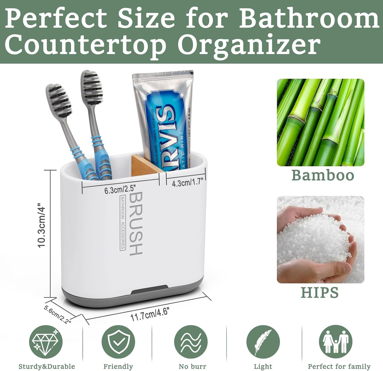 Skiennix Toothbrush Holder - Bamboo Divider Bathroom Organizer with Detachable Design | 2 Slots, White