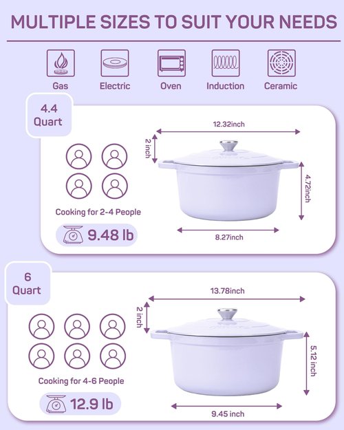 Ciwete Enameled Cast Iron Dutch Oven – 4.4 Quart Pot with Lid & Potholders – Heavy-Duty Cookware for Bread Baking, Braising, Stews & Roasting – Oven & Stovetop Safe up to 500°F – Purple