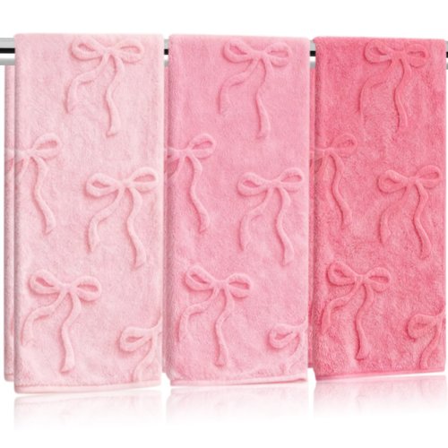Whaline 3Pcs Valentine's Day Pink Bow Hand Towel 3D Jacquard Cotton Towel Absorbent Coquette Dish Towels for Home Kitchen Bathroom, 13.8 x 29.5 Inch