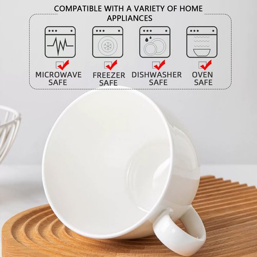 Chulan Extra Large White Bone China Cereal Mugs, 22 oz Ceramic Coffee Mug Set of 6, Latte Mugs Mocha Tea Cup, Jumbo Porcelain Soup Mugs with Big Handle for Desserts Snack, Microwave ＆ Dishwasher Safe