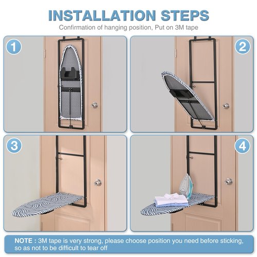KINGBOARD Over Door Ironing Board, Hanging Ironing Board with Iron Holder, 36" X 12" Compact Fold Down Iron Board for Small Spaces, Removable Heat Resistant Cover, Blue