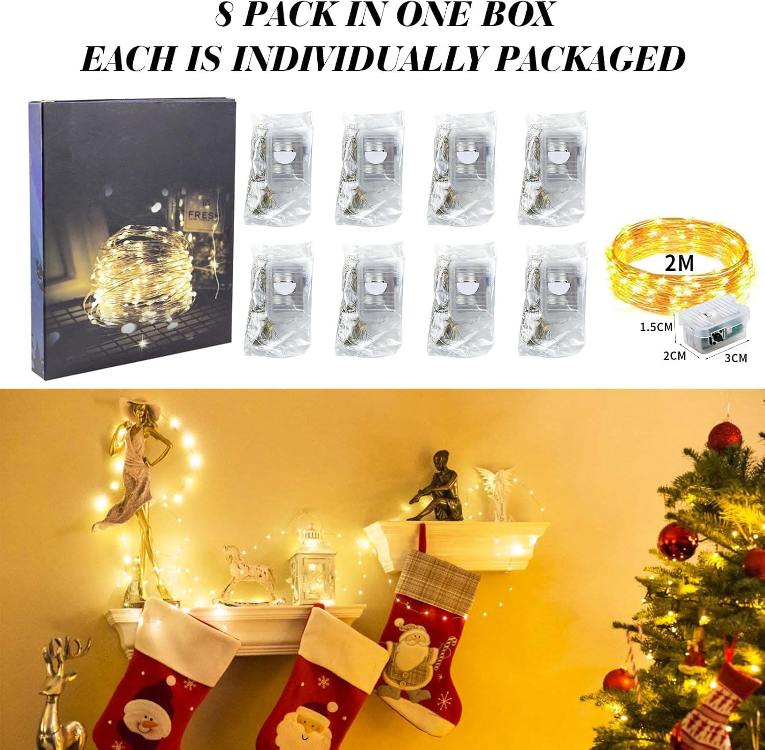 ZGWJ Fairy Lights - 8 Pack Battery Operated 7ft Mini LED String Lights | 3 Modes for DIY & Events