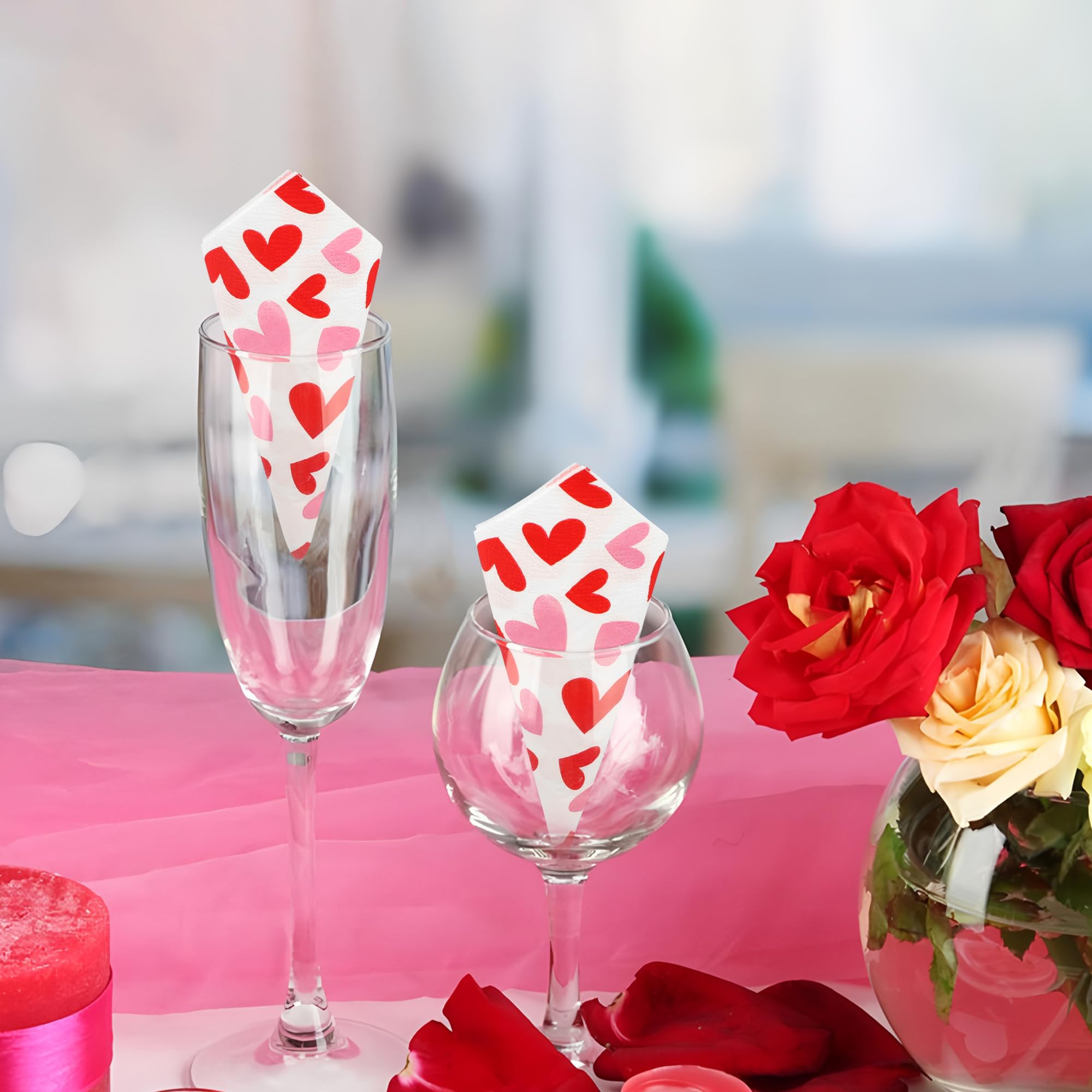 100 PCS Valentines Day Cocktail Napkins 5'' x 5'' Love Heart Disposable Paper Napkins 3 Ply Red Pink Heart Beverage Napkin for Valentines Wedding Anniversary Birthday Party Supplies Dinner Table Decor