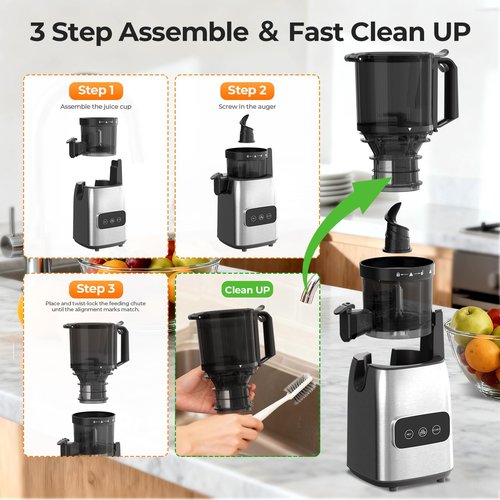 Cold Press Juicer, 5.4'' Wide Feed Chute Juicer Machines, Slow Masticating Juicer for Whole Vegetables & Fruits Easy to Clean ＆ Operate, Juice Extractor Machine High Juice Yield