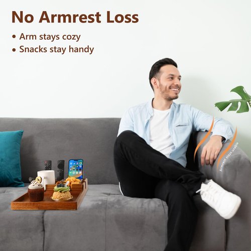 Acanacle Couch Insert Tray for Middle Seat, Acacia Wood Couch Table with 2 Cup Holders, Fits Armless Sofa & Sectionals, Fold-Flat Tray for Drinks, Snacks & Remotes