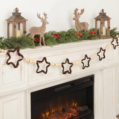 Christmas Decorations Indoor: 6.5ft Farmhouse Christmas Garland Rattan Stars Wooden Beads Christmas Decor,Cute Rustic Stars Ornaments Xmas Banner for Mantel Fireplace Home Wall