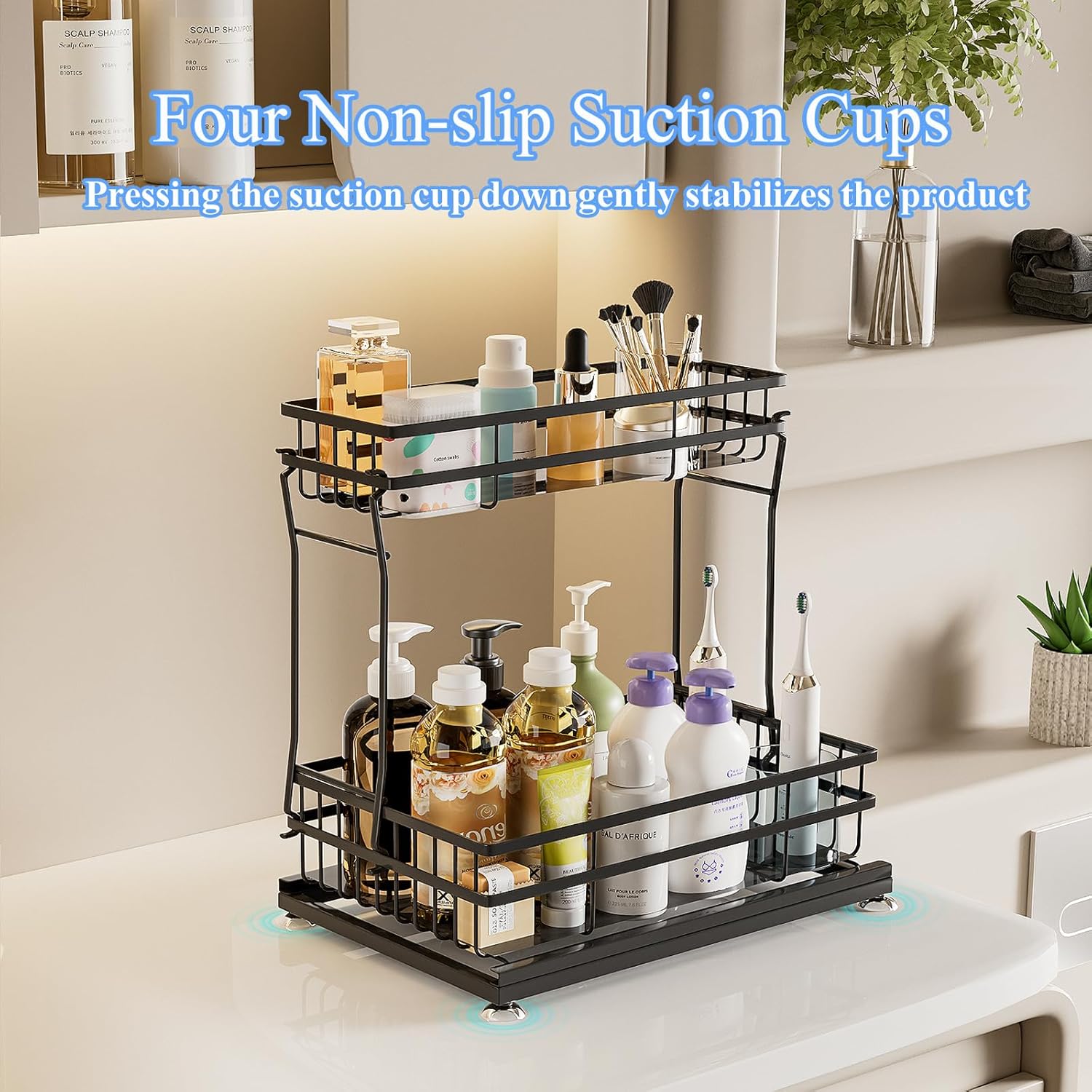 Skiennix Under Sink Organizer - 2 Tier Pull-Out Cabinet Storage with Metal Sliding Drawers | Black
