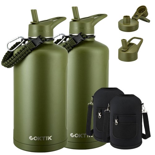 2 Pack 128 oz Insulated Water Bottle, Triple Wall Stainless Steel Flask, Keeps Drinks Cold for 48 Hrs Leak-Proof & BPA-Free Half Gallon Jug with Paracord Handle, Straw & Spout Lids(2 pack, Army Green)