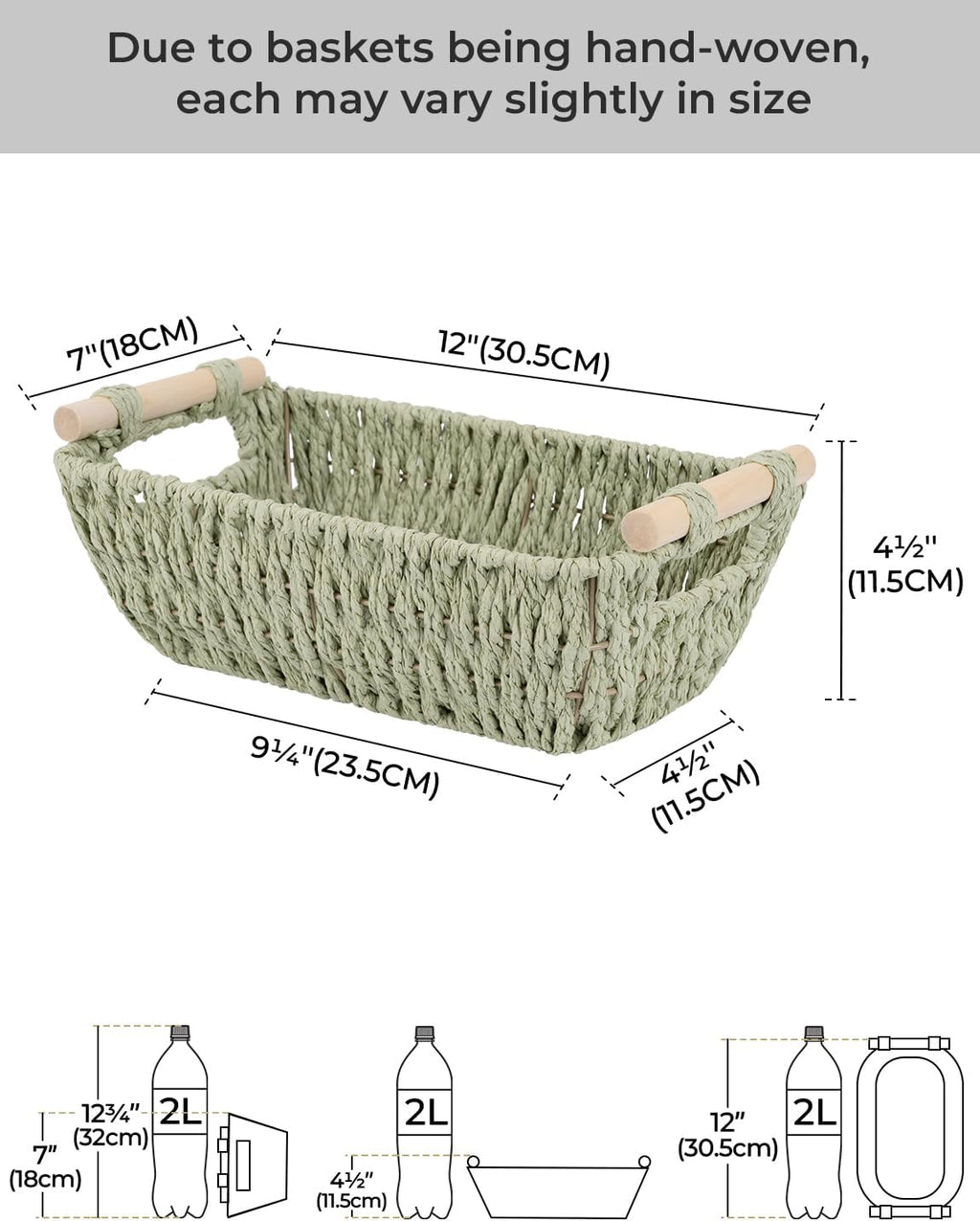 StorageWorks Round Woven Basket Set - Paper Rope with Wooden Handles | Bosana Green, 2-Pack