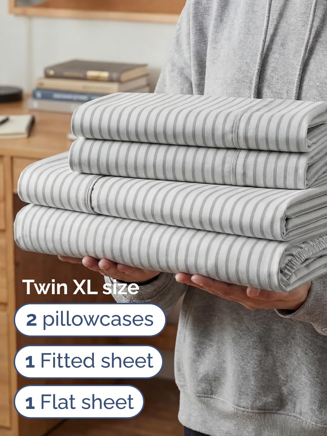 Skiennix Extra Deep Twin XL Sheet Set - 4-Piece Breathable Cooling Bedding - Soft, Wrinkle-Free Grey Stripes
