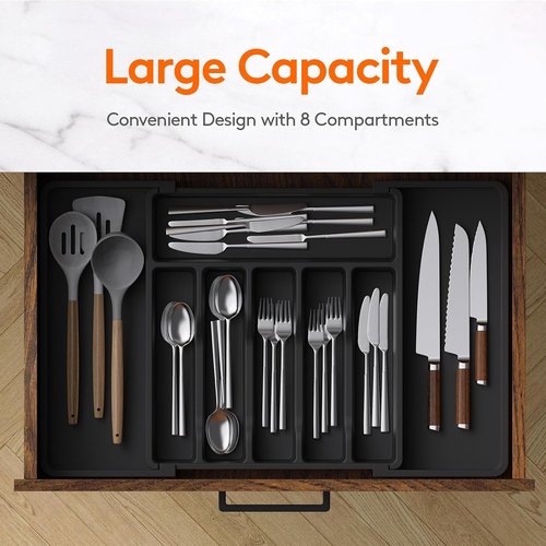 Lifewit Silverware Drawer Organizer, Expandable Utensil Tray for Kitchen, BPA Free Flatware and Cutlery Holder, Adjustable Plastic Storage for Spoons Forks Knives, 13-22 x 15", Black