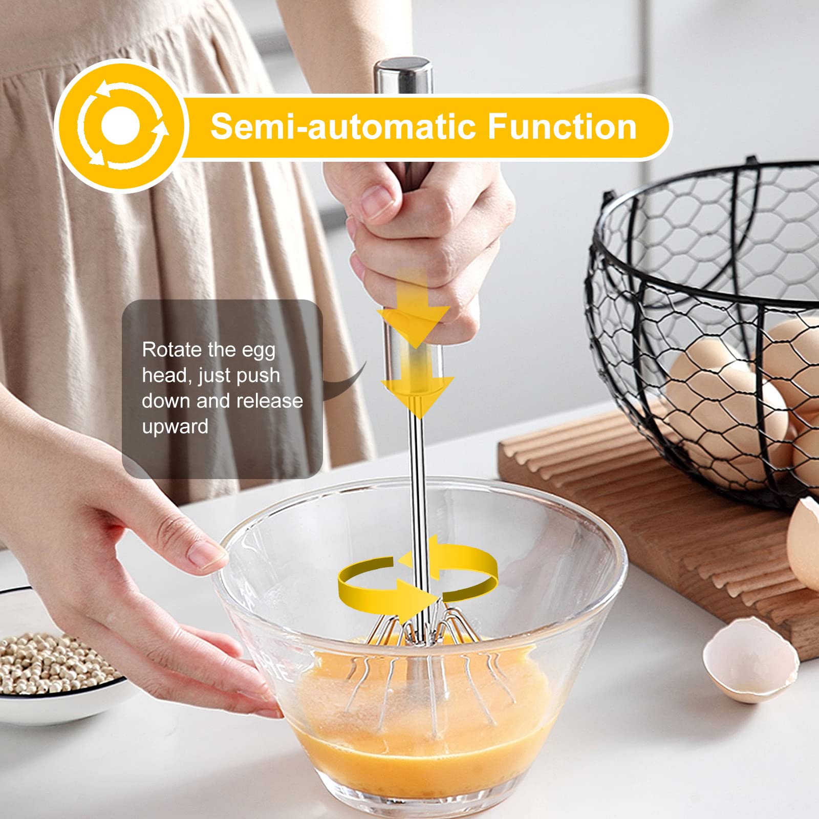 Egg Beater, Hand Easy Whisk Stainless Steel Hand Push Egg Beater Manual Mixer Blender for Home Kitchen Tool Whisking, Beating & Stirring (12 Inch)
