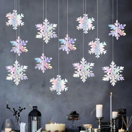 Hugtmr Iridescent Holographic Snowflake Garland | 12Pcs 3D Winter Wonderland Decorations for Christmas & Parties