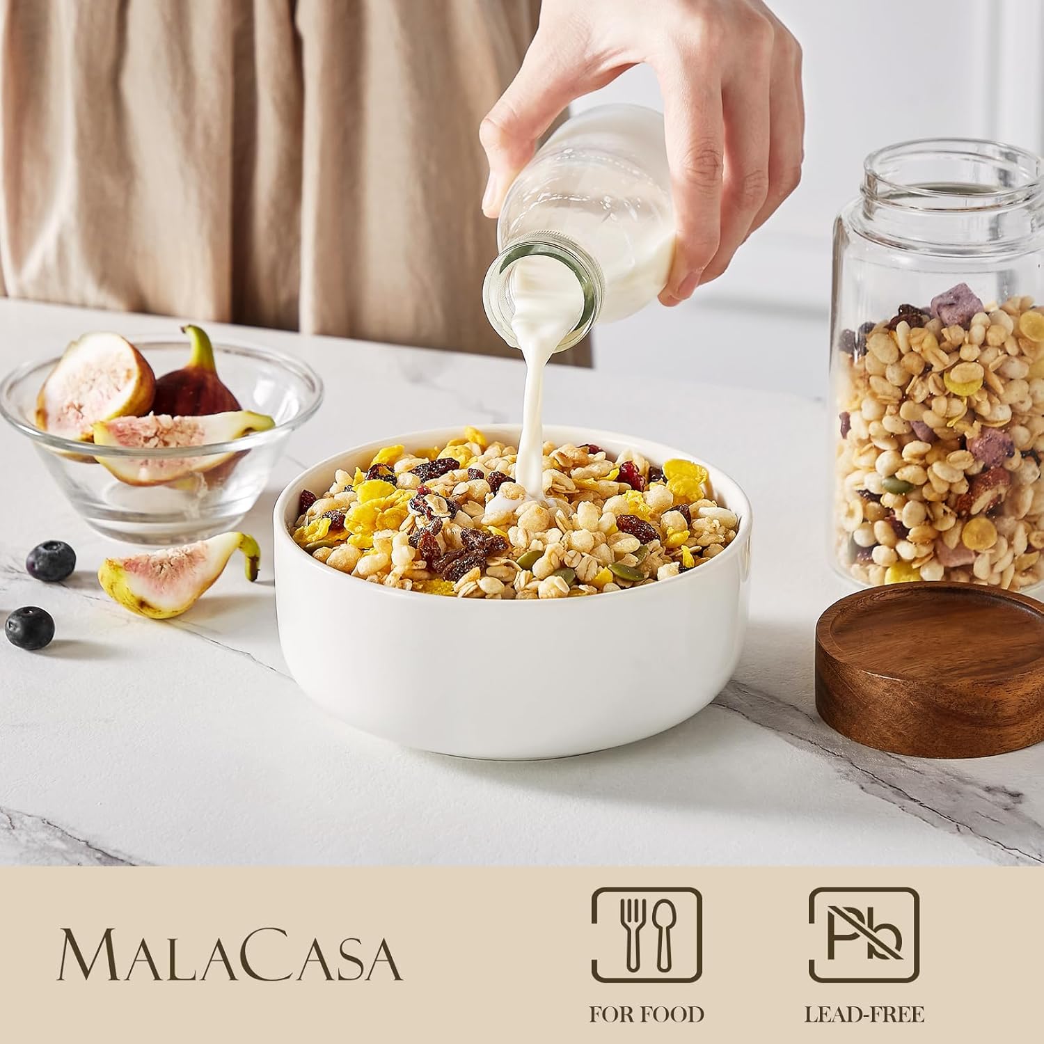 MALACASA 24 OZ Cereal Bowls Set of 6 - Porcelain Soup & Oatmeal Bowls | Dishwasher & Microwave Safe, White