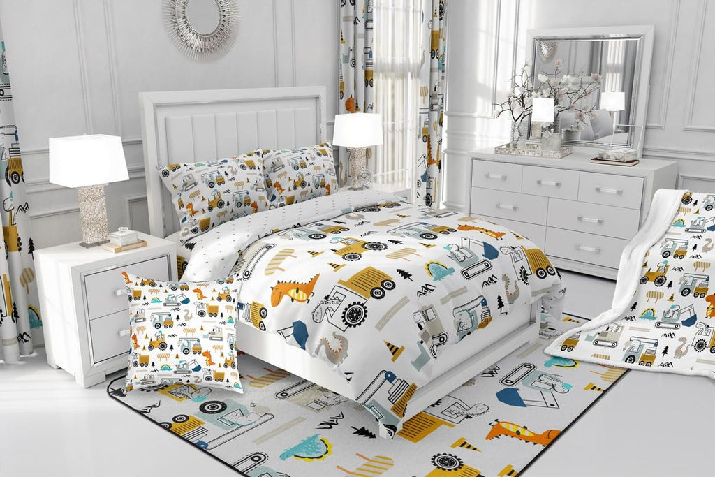 Construction Sherpa Blanket 40"x50" Equipment Trucks Fleece Throw for Kids Boys Girls Decor Dinosaur Plush 3D Digital Print Yellow Fuzzy Bedroom
