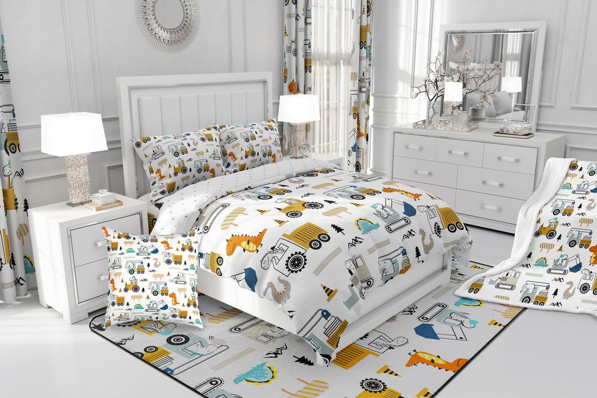 Construction Sherpa Blanket 40"x50" Equipment Trucks Fleece Throw for Kids Boys Girls Decor Dinosaur Plush 3D Digital Print Yellow Fuzzy Bedroom