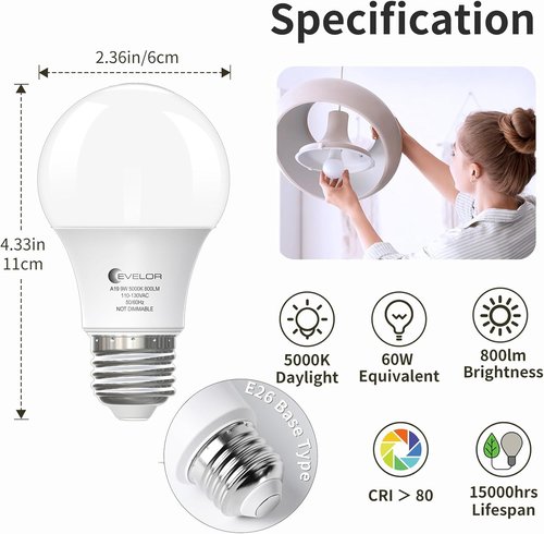 Evelor A19 LED Light Bulbs - 6-Pack Daylight 5000K, 60W Equivalent, 800 Lumens, E26 Base, 15,000 Hours