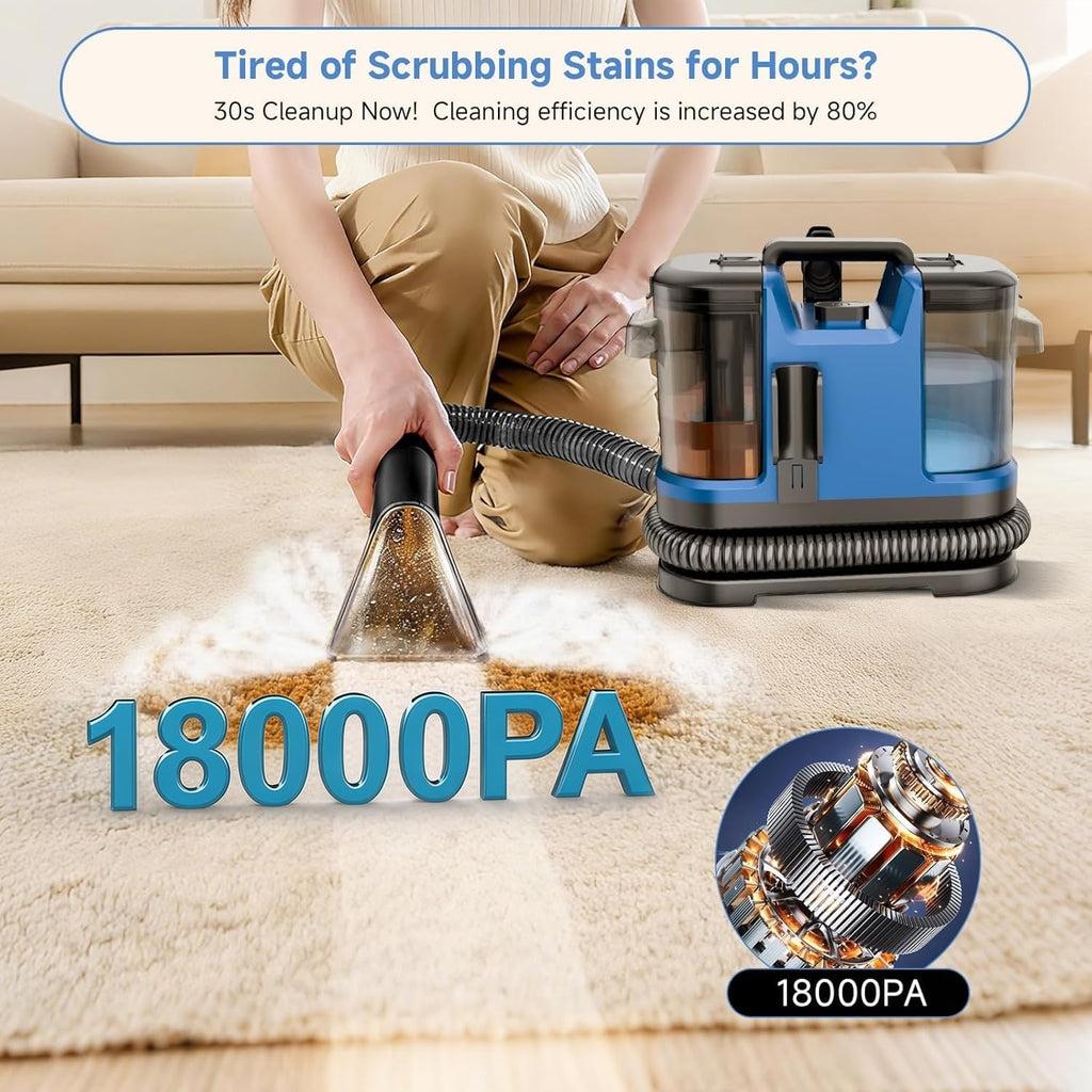 Vaconly Portable Carpet & Upholstery Cleaner Machine, Handheld Spot Cleaner with Dual Brush, 18KPa Suction, Large Removable Tank for Couch, Car, Stairs, Rugs & Pet Stains, Blue