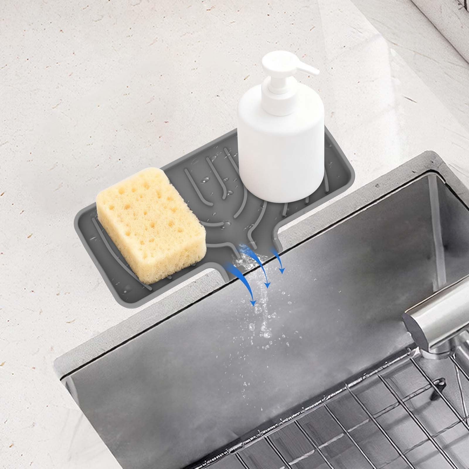 Silicone Sponge Holder for Kitchen Sink With Drain Spout, Self Draining, Kitchen Soap Tray, Bathroom Organizer, Sink Caddy (Gray, 10×4)