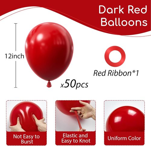 Dark Red Balloons - 12 Inch Latex Party Balloons | 50 Pack for Bridal Shower & Birthday Decorations