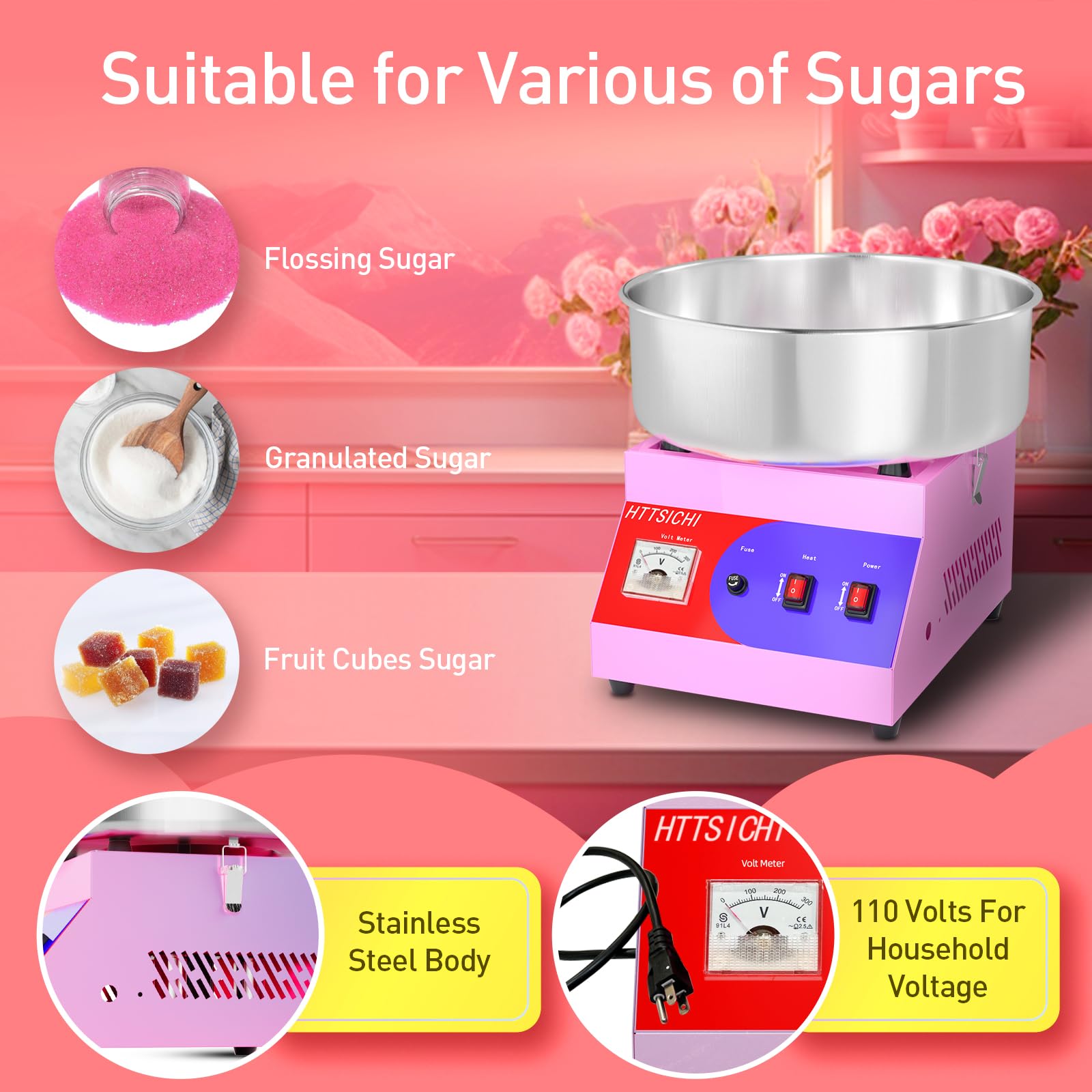 HTTSICHI Cotton Candy Machine - Cotton Candy Machine Commercial w/ 15 inch Stainless Steel Bowl, Sugar Scoop, Cotton Candy Maker for Home, Party, 1000W Hard Candy Cotton Candy Maker for Birthday